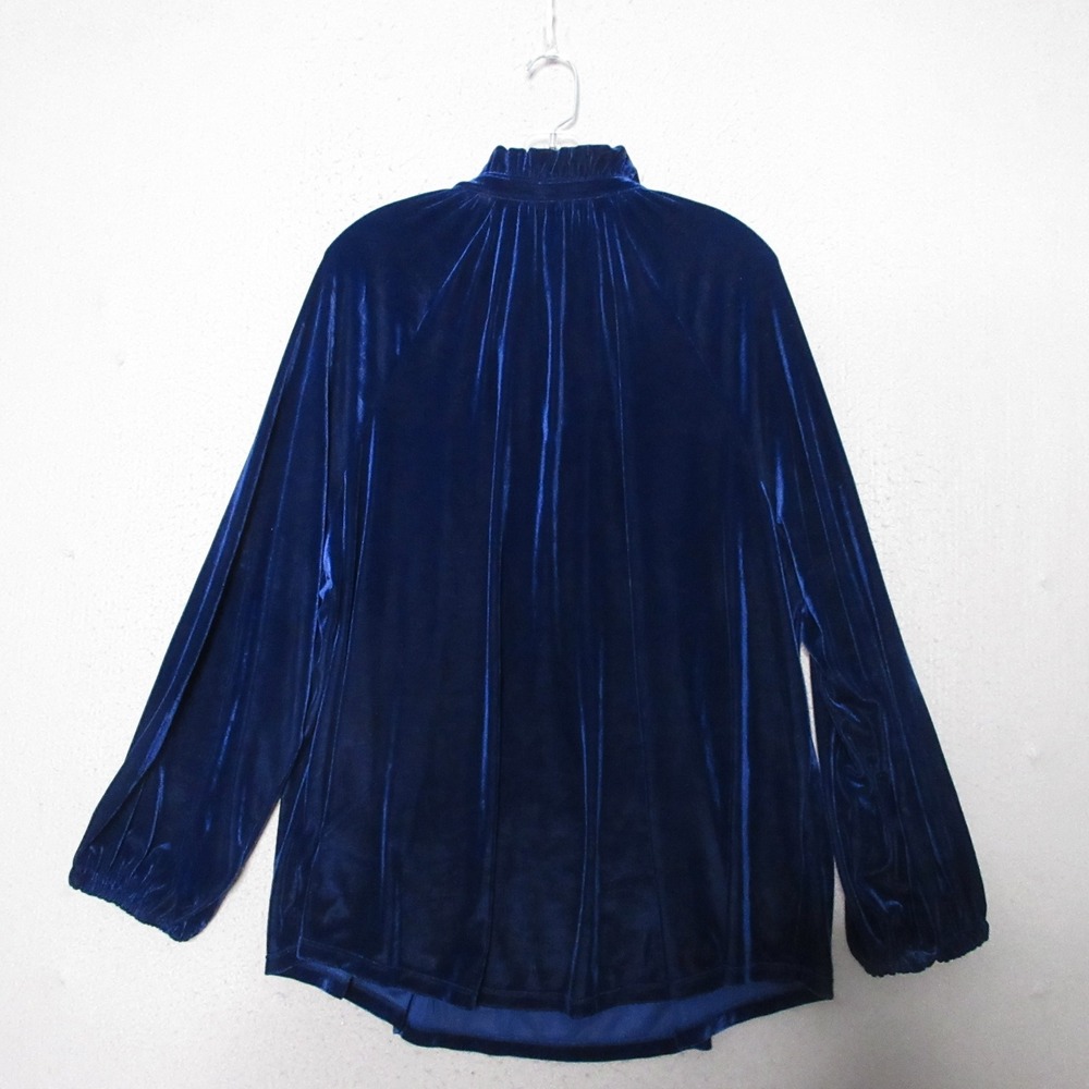 Lauren Ralph Lauren Top 3X Blue Velvet Ruffle Tie Neck Holiday Boho Old Money - Picture 3 of 9